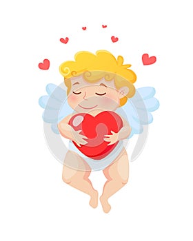 Cute dreaming Cupid with heart is flaing. Vector illustration for Valentine`s day photo